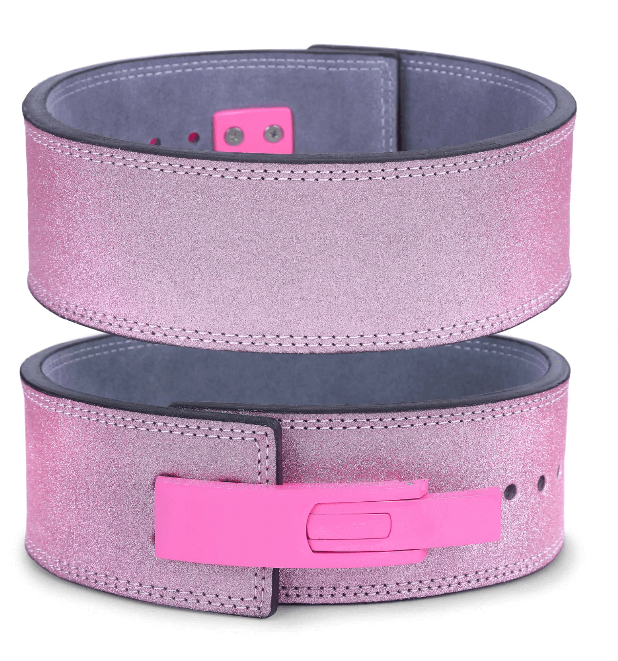 Leather Belt Pink Power Weightlifting Lever Belt with a shiny gradient design for maximum support during heavy lifts.