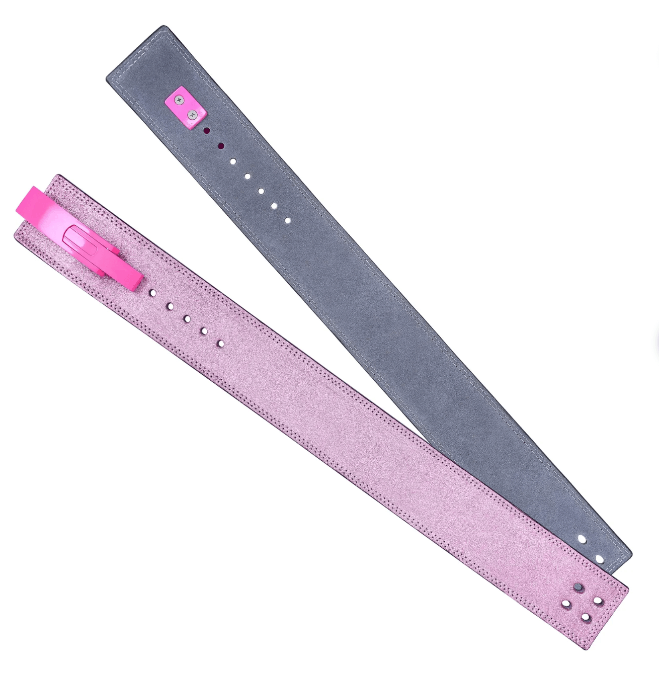 Leather Belt Pink Power Weightlifting Lever Belt showcasing pink and gray colors with adjustment holes.
