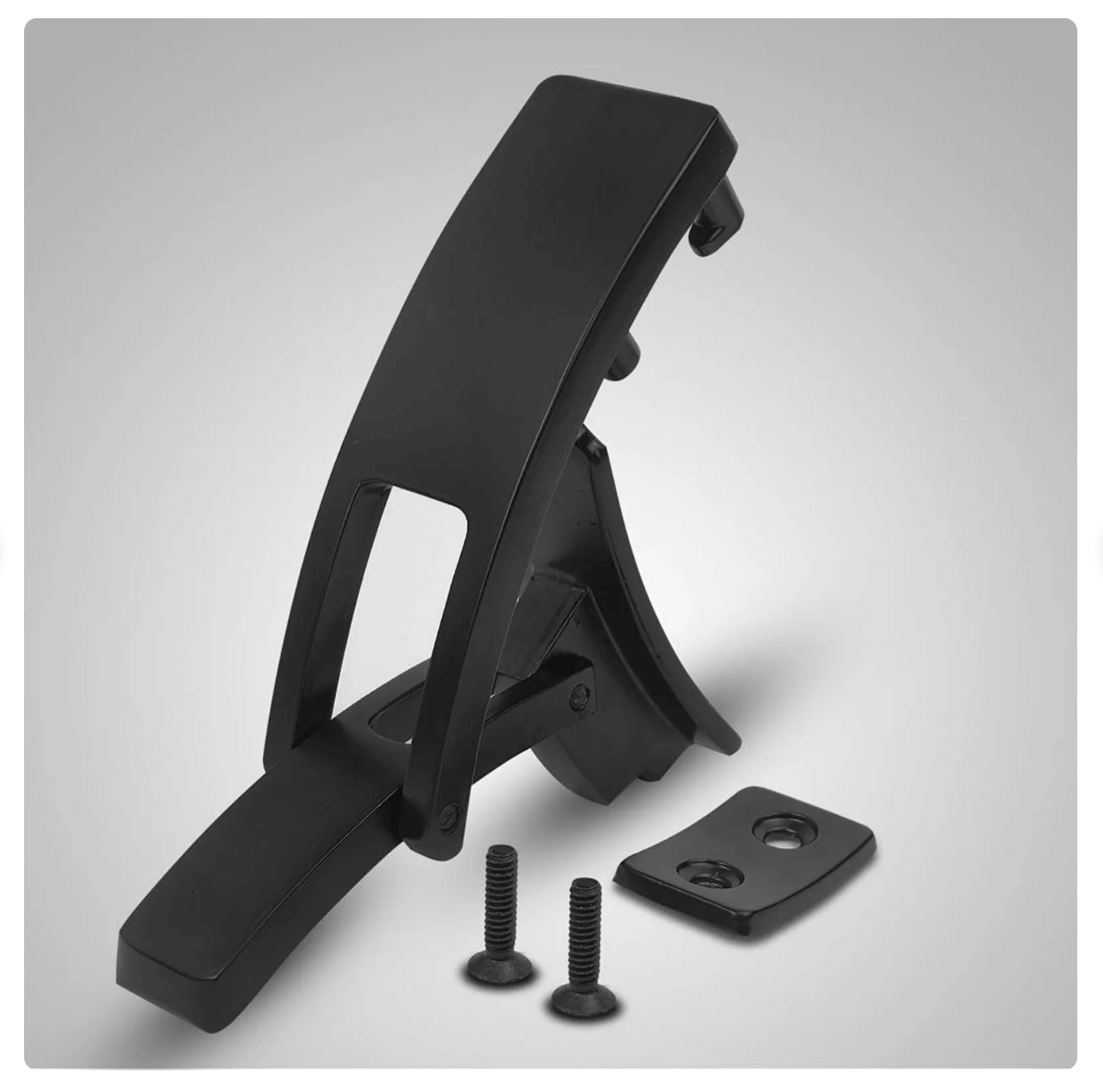 Black lever handle assembly with screws and mounting plate for easy installation.