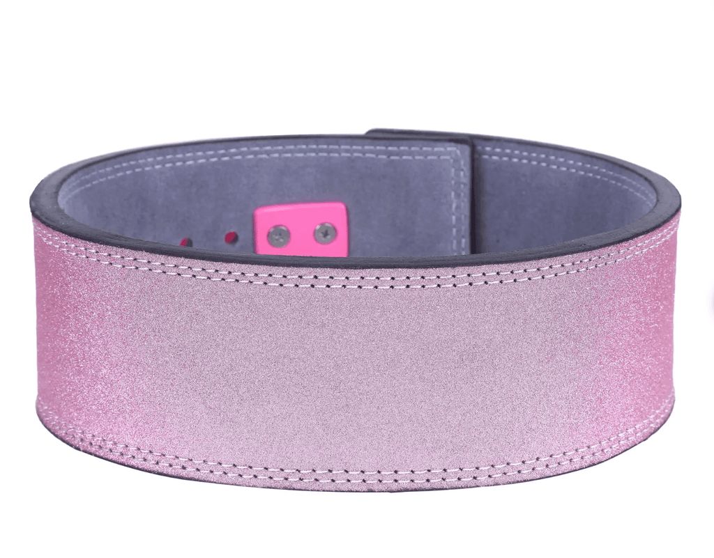 Sparkling Leather Belt Pink power weightlifting Lever Belt shown in pink and gray colors for optimal support during heavy lifts.