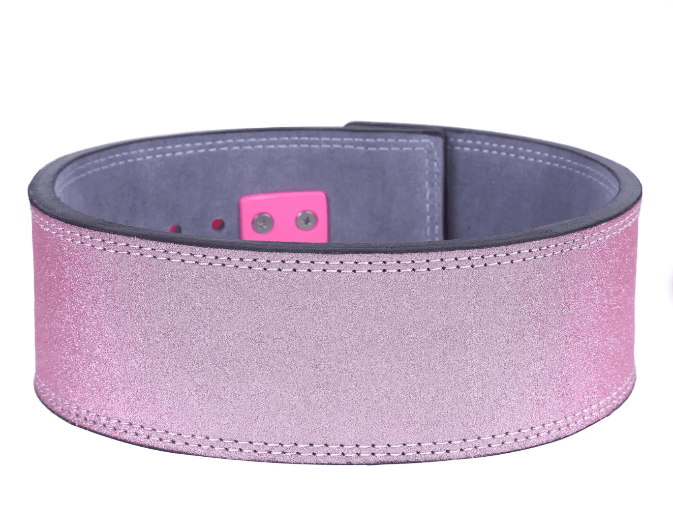 Sparkling Leather Belt Pink power weightlifting Lever Belt shown in pink and gray colors for optimal support during heavy lifts.