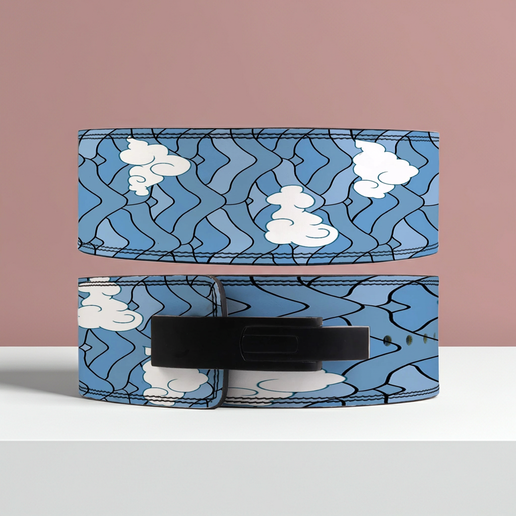 Leather Sky Blue Cloud Pattern Powerlifting Lever Belt
